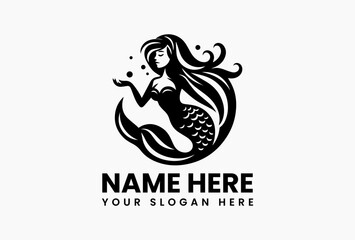 Single-line mermaid silhouette, modern minimalist logo for swimwear and eco-conscious brands