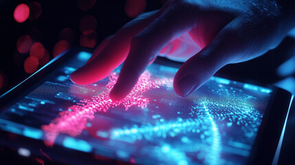 A doctor in medicine is touching an electronic record on a digital screen illustrating advanced healthcare interaction. AI generative
