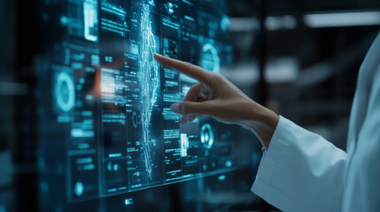 A doctor in medicine is touching an electronic record on a digital screen illustrating advanced healthcare interaction. AI generative