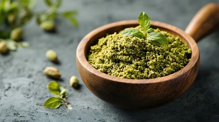 Ground Pistachios in Wooden Bowl with Basil Leaf on Dark Textured Surface
