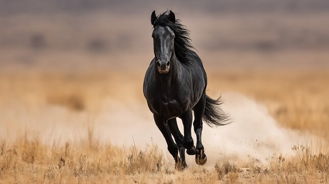 Black horse running in a desert landscape - Powered by Adobe