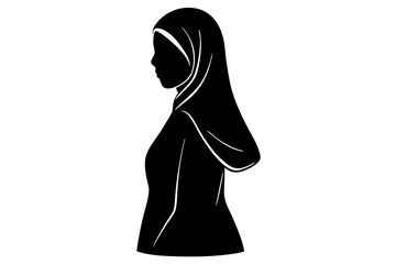 Naklejka premium Elegant silhouette of a woman wearing hijab with minimalist design on white, woman, hijab, silhouette, muslim, islam, islamic, religion, religious, headscarf, female, girl, traditional, modest, modest