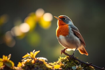 European Robin Perched on Mossy Branch in Golden Sunlight