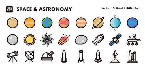 Space and astronomy illustration icon set.Simple vector outlines, clipart for graphic design.  © Satoshi Kikyo