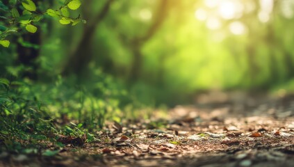 Beautiful nature background with sunlight in a green forest, blurred trees, and leaves on the ground