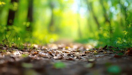 Beautiful nature background with sunlight in a green forest, blurred trees, and leaves on the ground