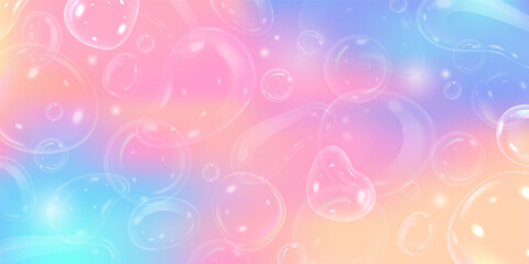 3D soap bubbles on colorful gradient, vector abstract background, realistic transparent water blobs, foam drops glares