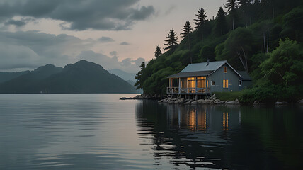 Fototapeta premium Peaceful Lakeside Cabin with Mountain Backdrop at Sunset