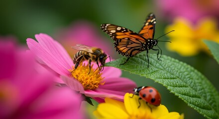 Vibrant Garden: Butterfly, Bee, and Ladybug on Cosmos