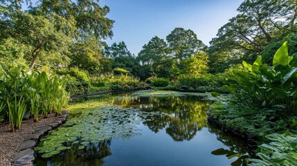 Fototapeta premium Pond with lush greenery and sky reflection