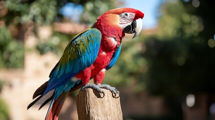 Vibrant parrot perched on a wooden post