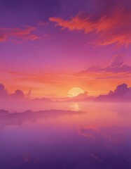 Fluid watercolor sunset sky, deep orange fading into purple mist ,  haze,  evening