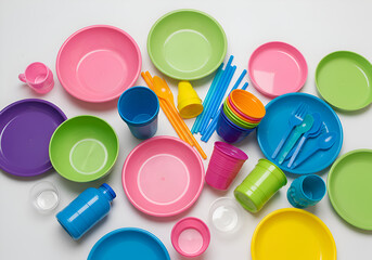 Colorful Disposable Kitchenware and Household Items on White Background