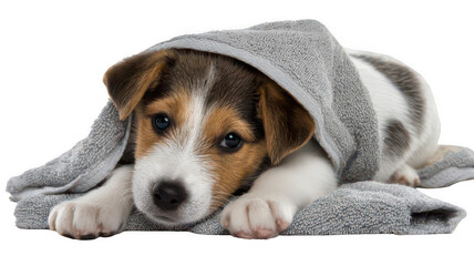 Puppy Drying with Soft Towel Isolated on White Transparent Background
