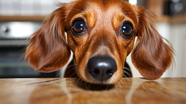 Adorable dachshund with big eyes looks over the edge of a wooden table