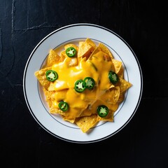 A generous plate of golden nachos smothered in melted cheese and fresh jalapeños pops against a dark textured backdrop-irresistible pub-style comfort food captured with vibrant appeal