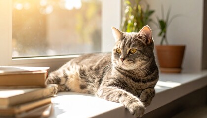 Sunlit British Shorthair on Windowsill
