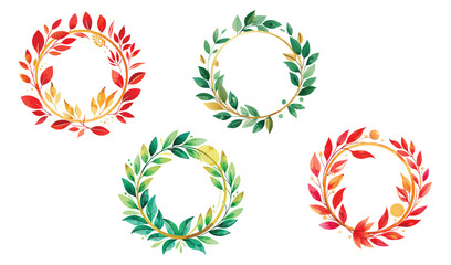 Four watercolor wreaths with autumn leaves and green foliage on white background