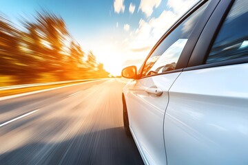 Fast Car Driving on Highway at Sunset