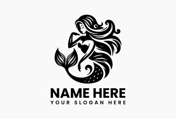 Graceful mermaid silhouette with flowing tail, timeless vector logo for seafood restaurants and beach resorts