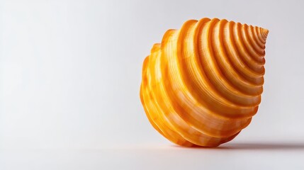 Macro shot of a small seashell with ridged textures, sharp focus on an ideally white background.