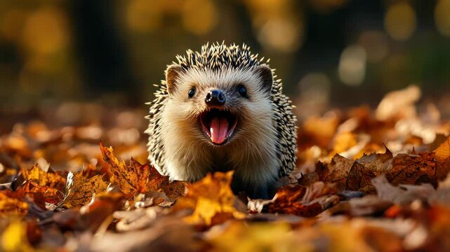 Adorable hedgehog in autumn leaves