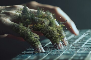 Naklejka premium An artistic concept of nature merging with technology on a computer keyboard, with water.