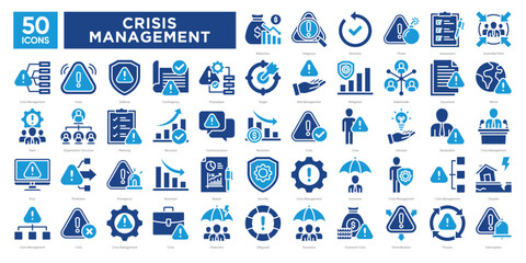 Crisis management icons collection set, including risk assessment, communication, recovery, planning, and emergency response. Ideal for business continuity, safety protocols, and strategic planning.