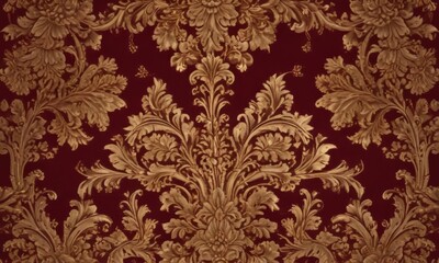 Intricate gold floral damask on deep burgundy, rich velvet texture, flower, home