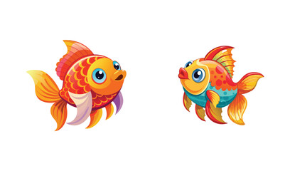 Fototapeta premium Two cartoon goldfish with bright colors swimming in opposite directions