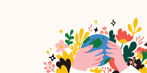 A caring pair of hands tenderly cradles a vibrant globe, symbolizing environmental preservation and global responsibility amidst an explosion of nature's beauty.