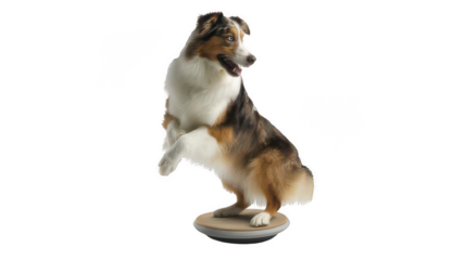 Realistic Dog Performing Balance Exercise on Wobble Disc Isolated on White Transparent Background