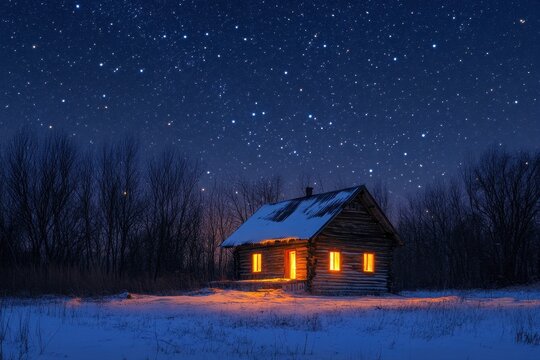 Cozy cottage under starry night sky with warm glowing windows, Cozy cottage by lake under starry night sky with glowing windows and calm water