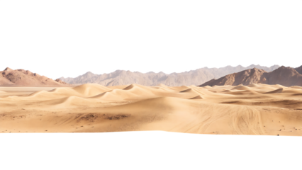 A vast desert landscape with rolling sand dunes and distant mountains isolated on white background PNG