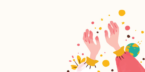 Fototapeta premium Gentle hands reaching upwards in a gesture of hope and unity, with planet and colorful details, inviting the viewer to contemplate connection.