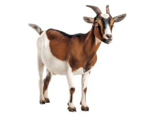 Close-up of a cute goat with horns on a transparent background