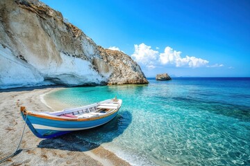 Serene blue waters and a traditional boat on the stunning shores of Milos Island in Greece, background sea water and boat in Greece Milos island
