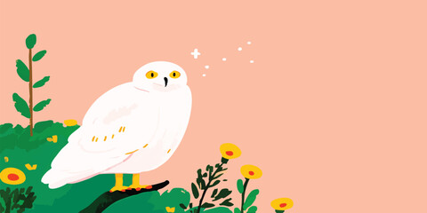 Obraz premium A majestic white owl, perches elegantly on a branch, its bright eyes fixated, with twinkling stars of magical charm and beauty. Evokes a sense of serenity and mystery.