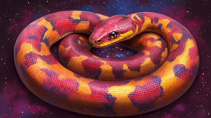 Fototapeta premium Coiled colorful snake in cosmic space