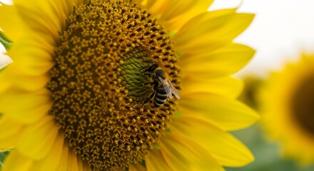 Naklejka premium Golden Sunflower: Bee's Gentle Embrace, Vibrant Summer
