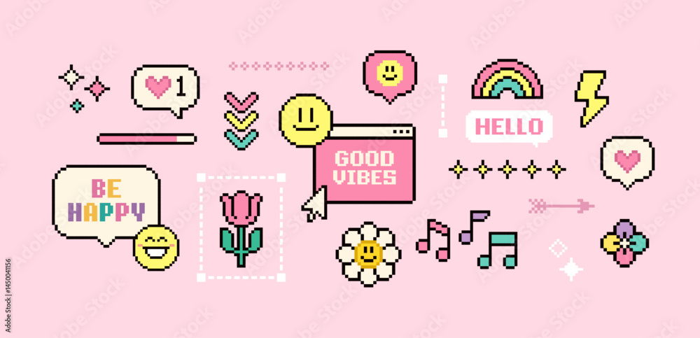 Poster Y2k Pixel game elements and stickers of Good Vibes 90's aesthetics (set 5). 8-bit retro computer game background. Simple geometric forms. Playful Pixel Icons pack 
