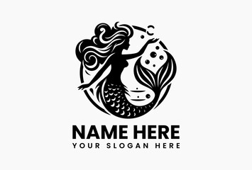Stylized mermaid silhouette vector logo with curved figure and decorative tail, mythical ocean creature design ideal for nautical, fairytale, and coastal branding  

