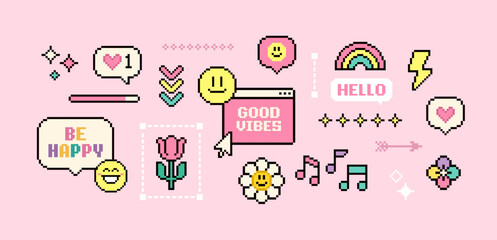 Y2k Pixel game elements and stickers of Good Vibes 90's aesthetics (set 5). 8-bit retro computer game background. Simple geometric forms. Playful Pixel Icons pack 
