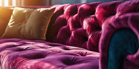 Obraz premium a room with a red couch and a purple chair 