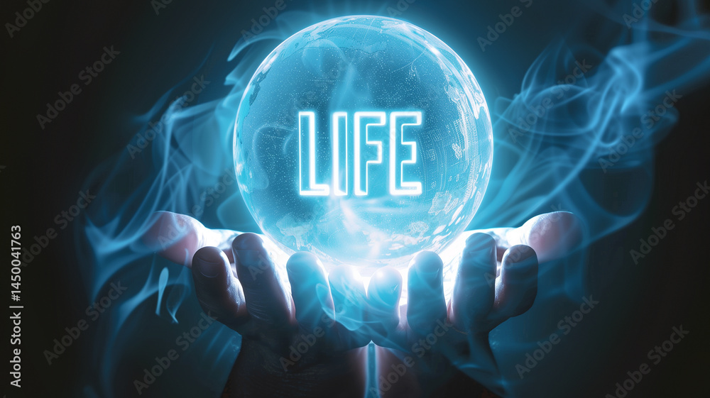 Poster this hands hold a glowing orb with the word life, symbolizing breakthroughs in longevity research.