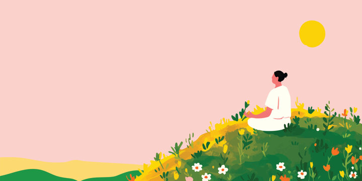 Woman meditating on a hilltop amidst blooming wildflowers, bathed in the warm glow of a setting sun.  A sense of peace and tranquility pervades the scene.