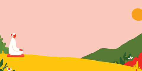 Fototapeta premium Serene meditation overlooking a picturesque landscape. A person sits peacefully in lotus position, facing a calming vista of sun, hills, and vegetation.