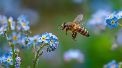 A bee approaches to collect nectar from delicate, vibrant forget-me-not flowers, showcasing the beauty of nature and the crucial role of pollination.