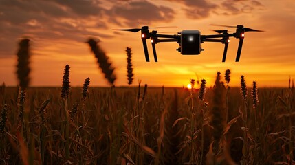 Agricultural drone at golden sunset over a field of wheat.