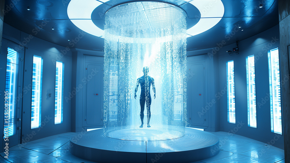 Aufkleber This futuristic environment showcasing an advanced entity surrounded by a shimmering waterfall effect.